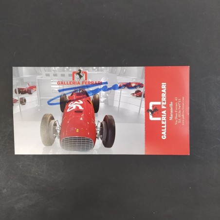 Autografo di Niki Lauda su biglietto Galleria Ferrari. Ingrigimento sul retro