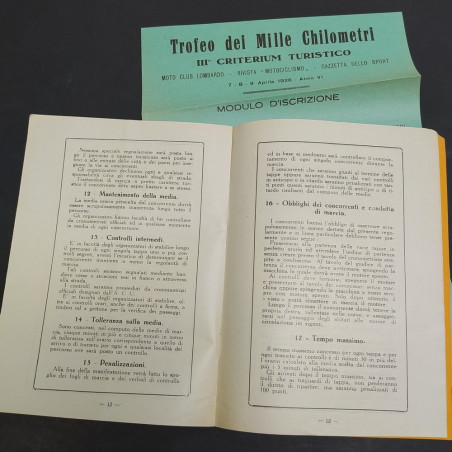Regolamento del Trofeo dei mille chilometri 1928 con modulo d'iscrizione