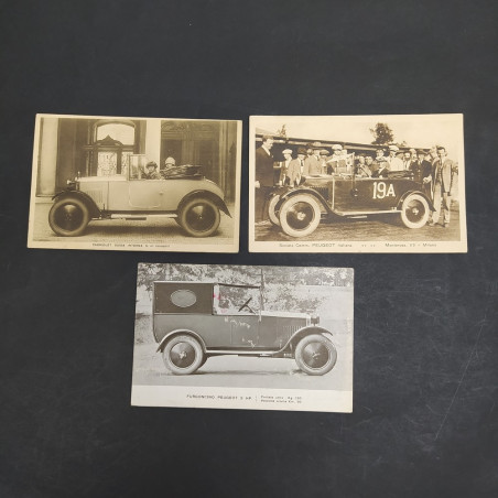 Lotto di 3 cartoline di vetture 5HP Peugeot con timbro del rivenditore. Macchie