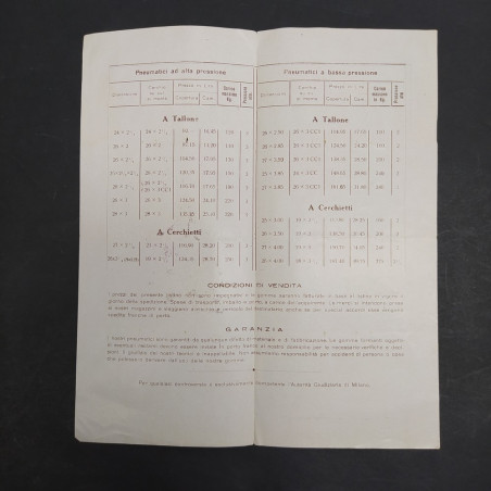 Listino degli pneumatici Continental per motociclette 1932 con pieghe e aloni
