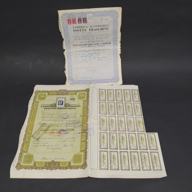 Lotto di 2 certificati azionari della Fabbrica Isotta Fraschini 1946-47. Strappi
