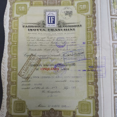 Lotto di 2 certificati azionari della Fabbrica Isotta Fraschini 1946-47. Strappi 2