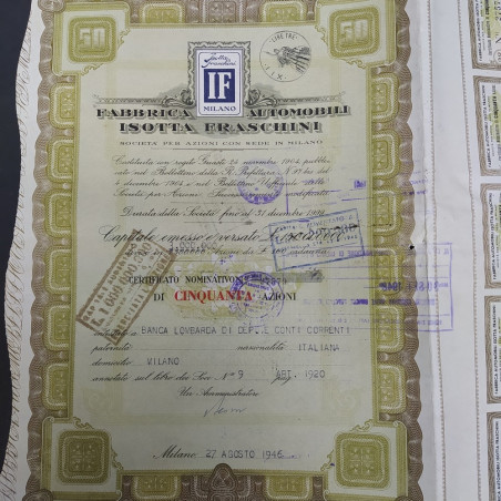 Lotto di 2 certificati azionari della Fabbrica Isotta Fraschini 1946-47. Strappi