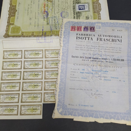 Lotto di 2 certificati azionari della Fabbrica Isotta Fraschini 1946-47. Strappi