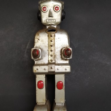 Robot Strenco a carica in latta anni '50 con punti di ruggine, chiave mancante