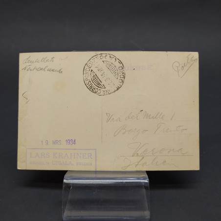 Cartolina postale svedese bollata e timbrata del 1934 con regnanti nordeuropei