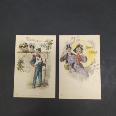 Lotto di 2 cartoline augurali per gli anni 1820 e 1893 con ingiallimenti