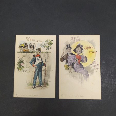 Lotto di 2 cartoline augurali per gli anni 1820 e 1893 con ingiallimenti