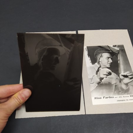 Lotto di negativo su lastra di vetro e fotografia del pilota Nino Farina, '50