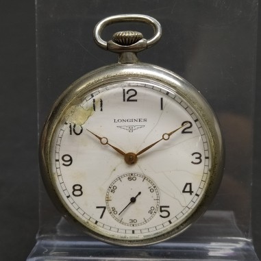 Orologio da tasca Longines, diametro 47 mm con numeri arabi. Scheggiato