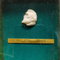 Quadretto con testa scolpita di Giuseppe Verdi e targa Salvietti 1958. Buono 2