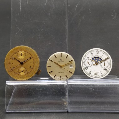 Lotto di 3 movimenti meccanici orologi Omega, Bartorelli e Longchamp per ricambi