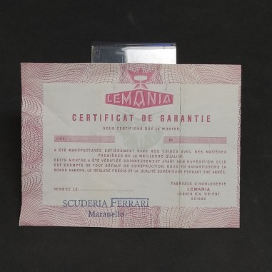 Certificato di garanzia di orologio Lemania venduto alla scuderia Ferrari
