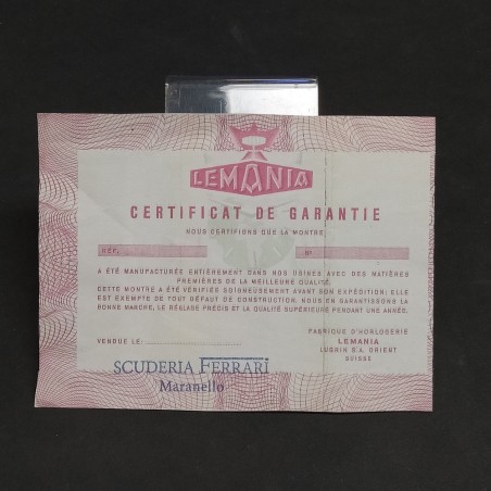 Certificato di garanzia di orologio Lemania venduto alla scuderia Ferrari