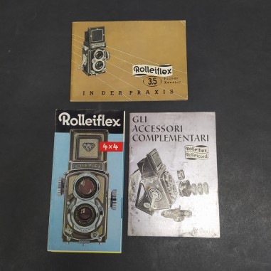 Lotto di 3 cataloghi Rolleiflex in italiano e tedesco con macchie