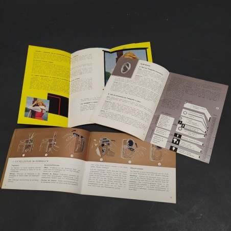 Lotto di 3 cataloghi Rolleiflex in italiano e tedesco con macchie