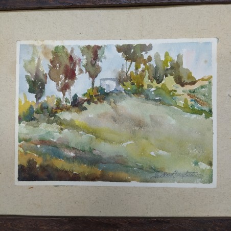 Acquerello di Pietro Pagliani, pittore modenese, casa sulla collina in campagna