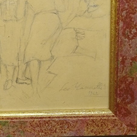 Disegno a matita del pittore modenese Leo Masinelli datato 1942 incorniciato