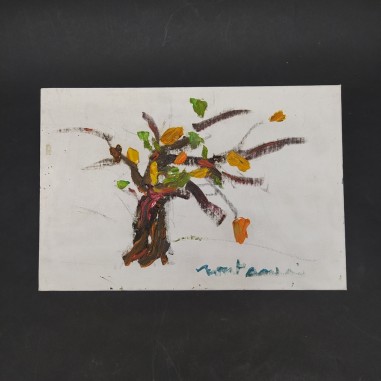 Dipinto di albero con foglie arancioni, olio su tela steso con le mani
