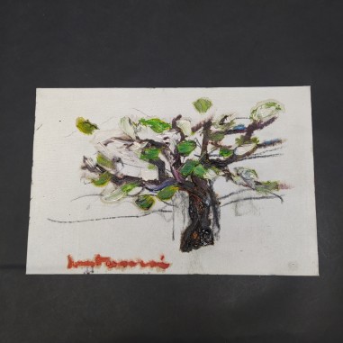 Dipinto di albero verde, olio su tela steso con le mani, autore non riconosciuto