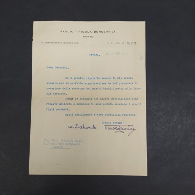 Lettera su carta intestata del Commissario straordinario Fascio di Parigi 1936