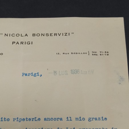 Lettera su carta intestata del Commissario straordinario Fascio di Parigi 1936