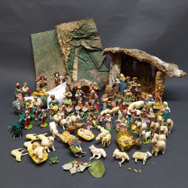 Lotto di statuine grotta e materiale da presepe, statuine fratturate, aggiustate