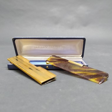 Vintage pettine in tartaruga con protezione laminata in oro e scatolina