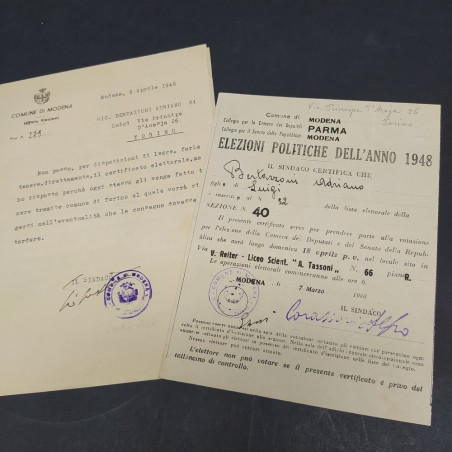 Lotto di 2 lettere una con firma Corassori sindaco di Modena 1948