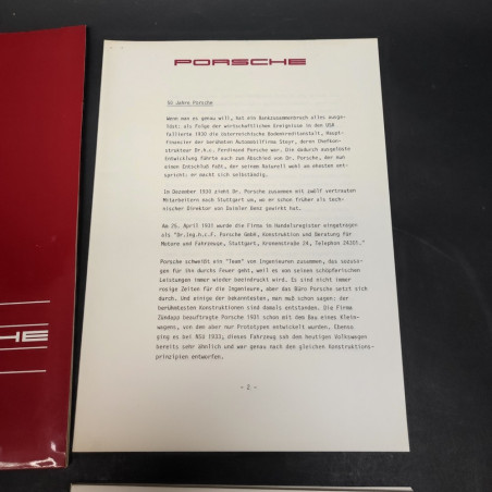 Cartellina stampa auto Porsche 50 Jahre 1931-1981 in tedesco. Ingrigimenti