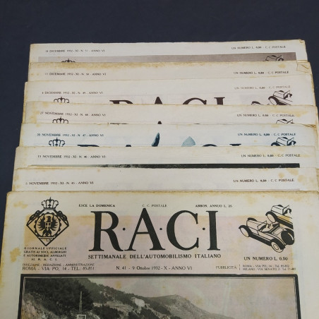 Lotto di 11 riviste Raci dell'anno 1932. Ingiallimenti, aloni, piccoli strappi