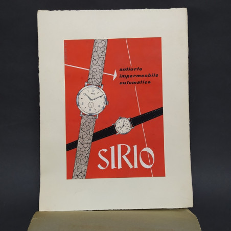Cartoncino pubblicitario per orologi Sirio. Bordi spellati, aloni e segni