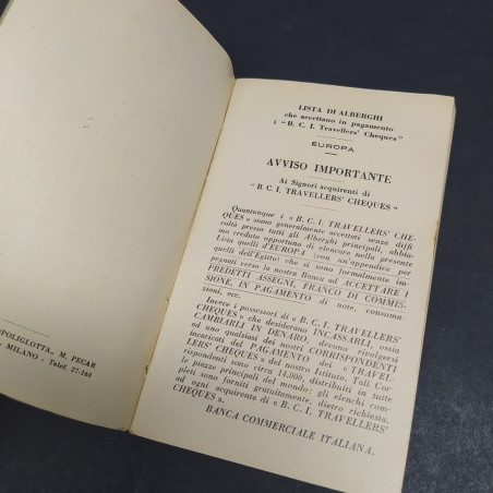 Lista di alberghi che accettano pagamento con travellers cheques, 1930. Graffio