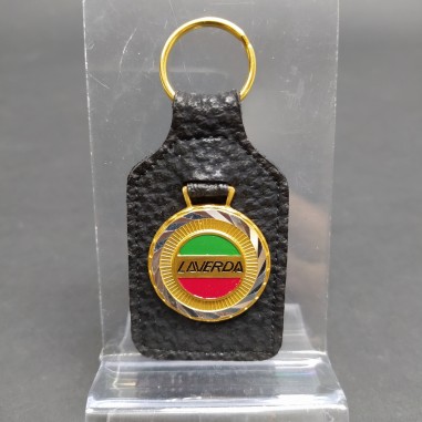Portachiavi Laverda in pelle nera con logo a medaglia smaltata basculante. Buono