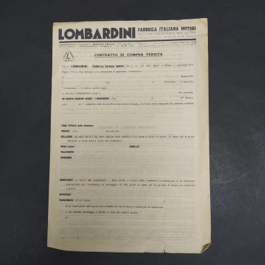 Contratto di vendita vuoto, inusato della Lombardini Fabbrica Italiana Motori