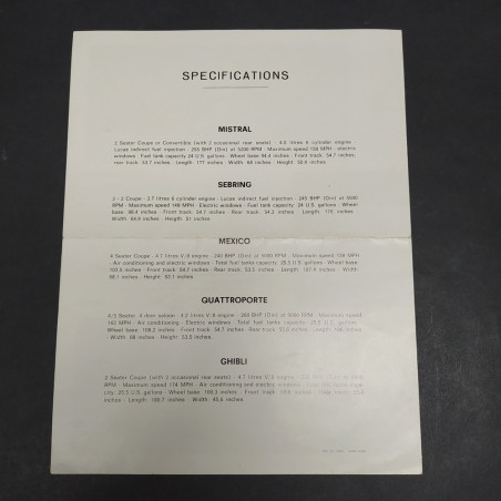 Catalogo automobili Maserati in italiano e inglese, anni '60. Piega centrale