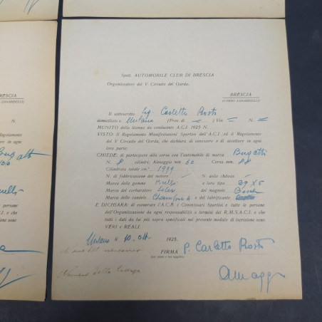 Lotto di 5 richieste d'iscrizione di auto Bugatti al Circuito del Garda 1925
