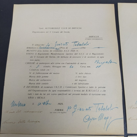 Lotto di 5 richieste d'iscrizione di auto Bugatti al Circuito del Garda 1925