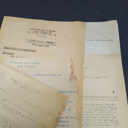 Lotto di 5 documenti sulla corsa automobilistica Milano-Sanremo 1948. Una copia