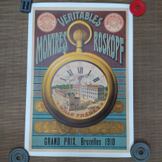 Manifesto dell'orologio Roskopf Grand Prix Bruxelles 1910 telato ben conservato