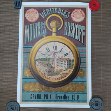 Manifesto dell'orologio Roskopf Grand Prix Bruxelles 1910 telato ben conservato