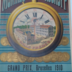 Manifesto dell'orologio Roskopf Grand Prix Bruxelles 1910 telato ben conservato 2