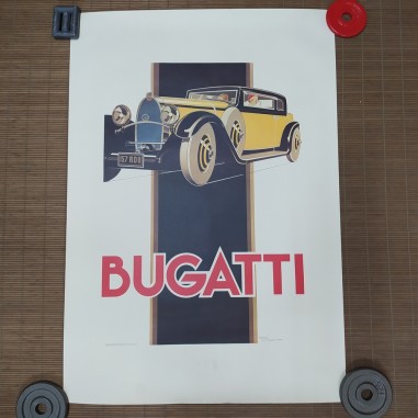 Manifesto pubblicitario telato delle vetture Bugatti, René Vincent. Aloni grigi