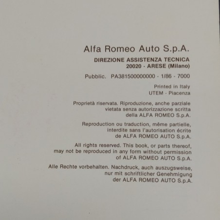 Libretto Product Bulletin auto Alfa Romeo Spider 115, 1986. CopertIna ingrigita