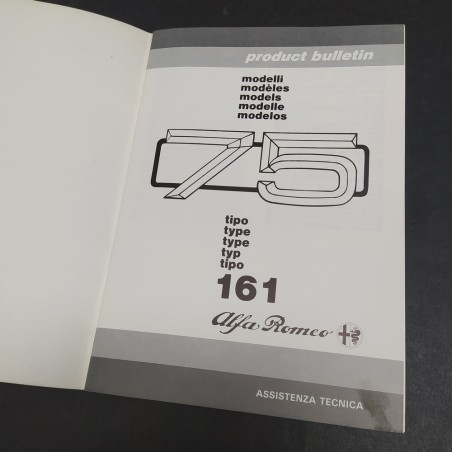 Libretto Product Bulletin auto Alfa Romeo 75 tipo 161, 1987. CopertIna ingrigita