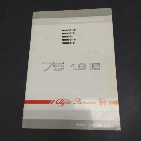 Libretto Product Bulletin auto Alfa Romeo 75 1.8 IE, 1988. CopertIna ingrigita