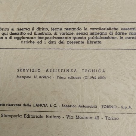 Libretto d'istruzioni per riparazioni veicoli Lancia Esadelta, 1962. Discreto