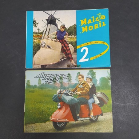 Lotto di 2 cataloghi di motociclette Maico Mobil e Heinkel in olandese. Discreti