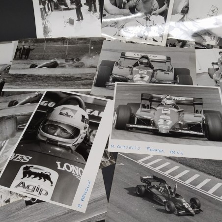 Lotto di 24 foto di auto Ferrari F1 e piloti vari Arnaux, Alboreto, Tambay, '80