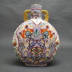 Vaso orientale a fiasca in ceramica decorato floreale policromo anni 70